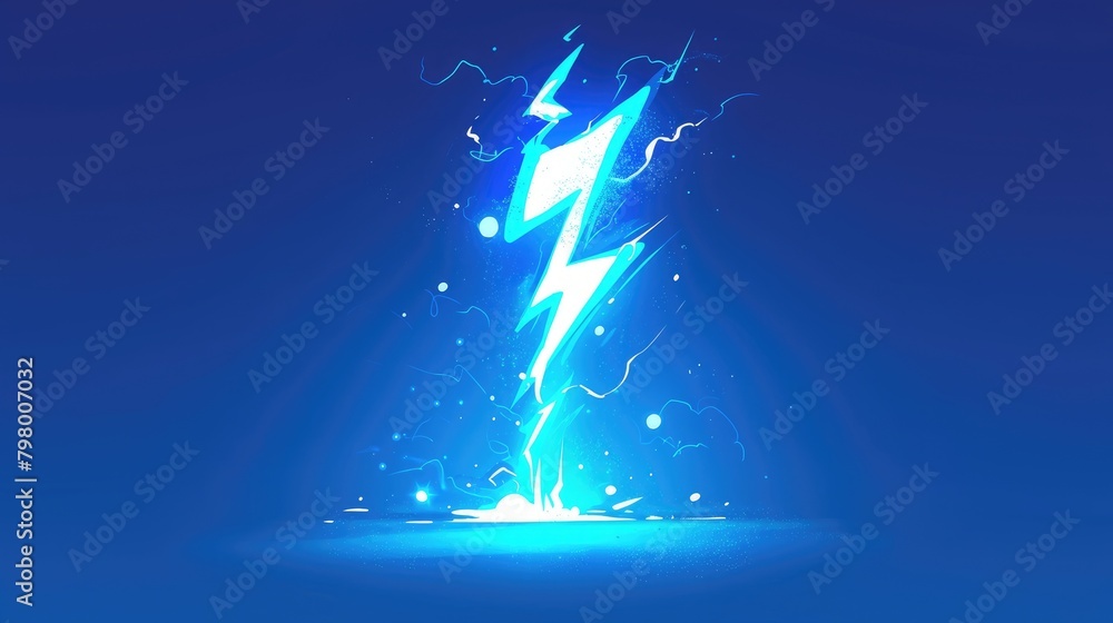 Poster a cartoon blue thunderbolt crackling with sparks and lightning icons stands out against a plain back