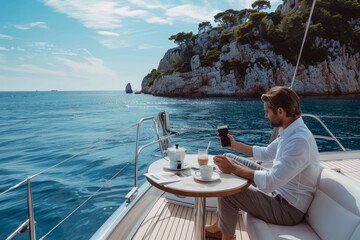 Businessman enjoying morning coffee and reading news on smartphone while sailing on a yacht