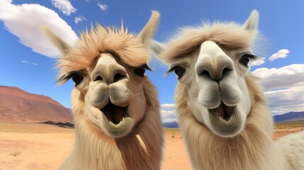 b'Two funny llamas in the desert'