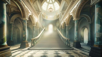 The image features an opulent grand staircase in what appears to be a luxurious palace or public...