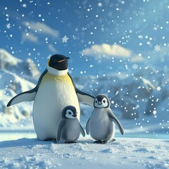 Charming 3D rendered scene of a penguin family enjoying a snowy day, with a clear blue background and fluffy snowflakes, perfect for winter themes