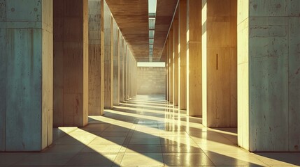 The image captures a serene and structured architectural corridor. Lined with sturdy columns on each side, the corridor features a floor that glistens with sunlight, indicating a period during the day