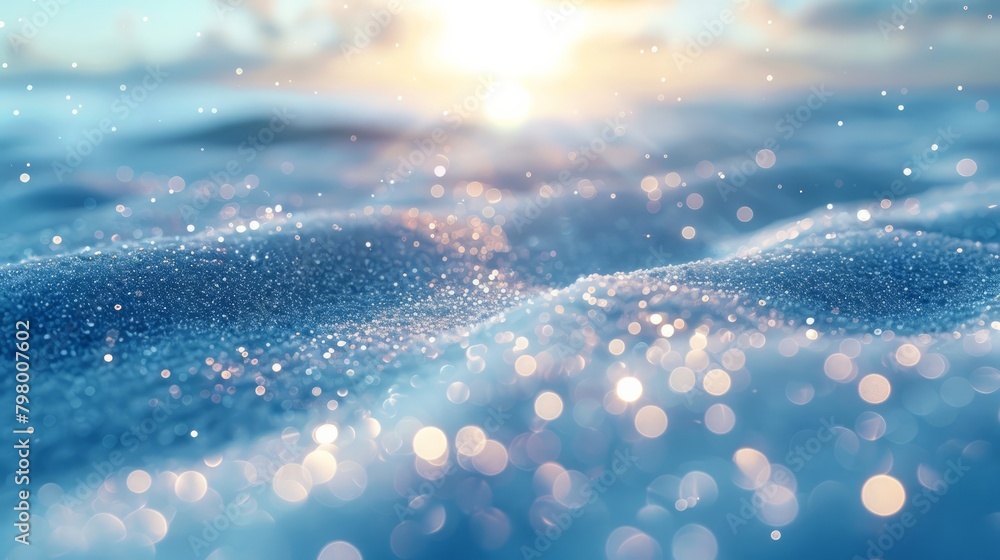 Poster The image is of a blue ocean with snow on the surface. The snow is scattered all over the ocean, creating a beautiful and serene scene. The blue color of the ocean