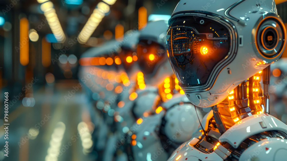 Poster robot heads in a row in a science fiction factory