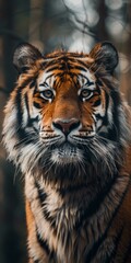 b'Close-up portrait of a tiger staring at the camera with a blurred background'