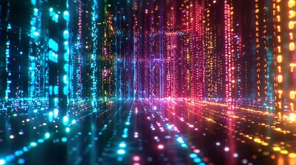 A colorful, neon-lit room with a lot of dots. The room is filled with a variety of colors and shapes, creating a sense of movement and energy. The dots seem to be floating in the air