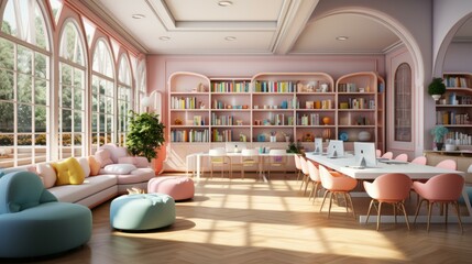 b'A beautiful pink and white classroom with a library and computers'