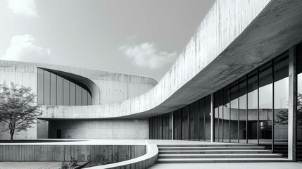 Obraz premium The image shows a modern architectural structure in monochrome tones. The building features bold geometric shapes with sweeping curves and straight lines juxtaposed against each other. A significant p