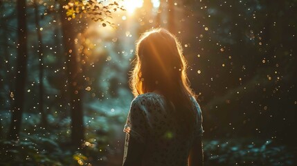 The photo captures a woman from behind, gazing into a sunlit forest scene. The sun, shining through the trees, illuminates her brown hair and casts a warm glow around her silhouette. The forest appear - Powered by Adobe