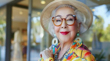 Reveal the essence of individuality and style with a portrait of a senior fashion icon dressed in colorful and avant-garde attire, exuding confidence, charm, and a fearless attitude