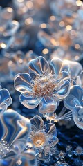 3D rendering of blue and white flowers made of glass