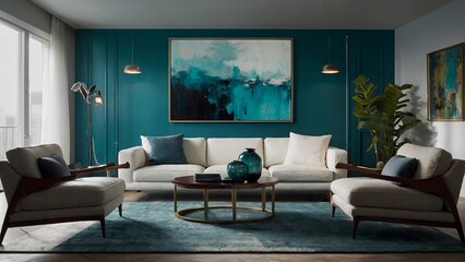 Chic white curved tufted sofa and pouf against teal classic wall panels with vibrant colorful art poster. Art deco style home interior design of modern living room
