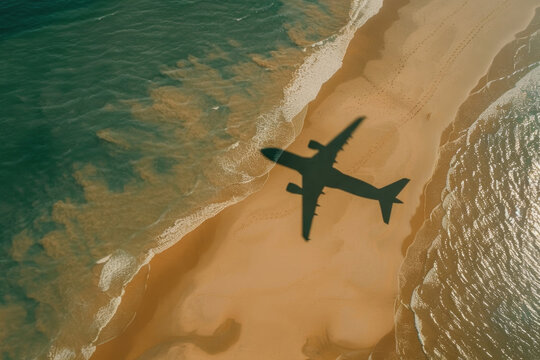 Aerial view of an airplane's reflection on the beach, captured over the ocean.

