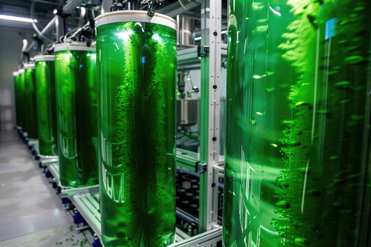 Bioreactors filled with green algae absorbing CO2 to mitigate climate change, located in Arcos de la Frontera.

