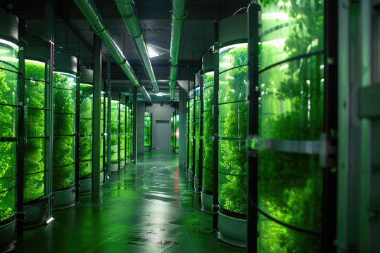 Bioreactors filled with green algae absorbing CO2 to mitigate climate change, located in Arcos de la Frontera.

