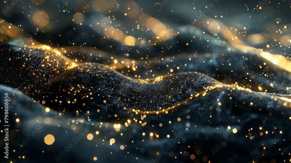 Poster a black and gold sparkly surface with a lot of glitter. the glitter is scattered all over the surfac