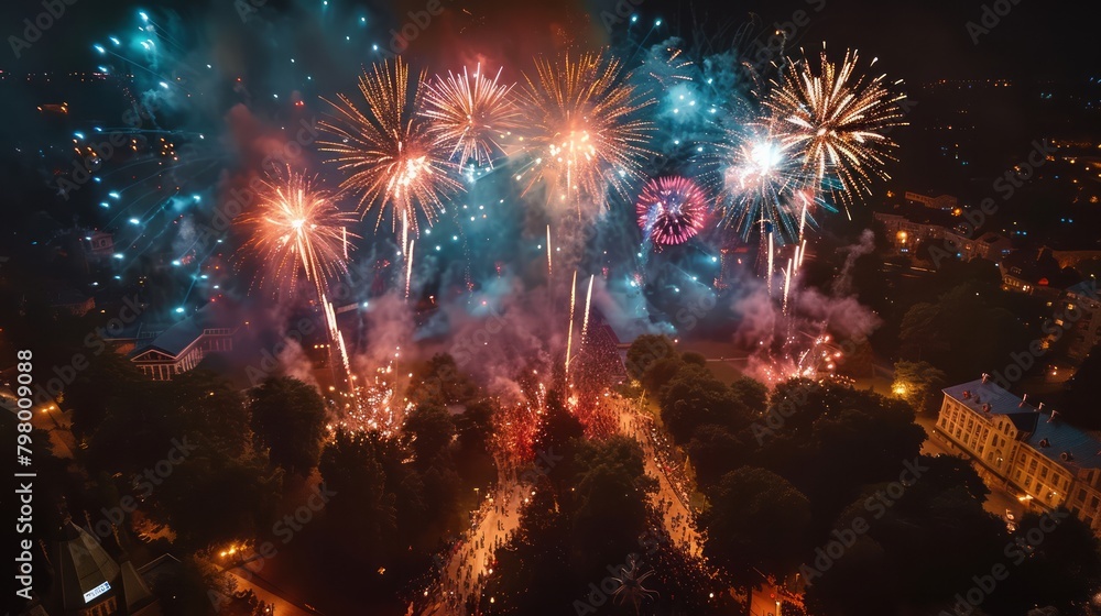Poster a fireworks display is lit up in the night sky. the fireworks are in various colors and are scattere