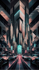  futuristic cityscape using geometric patterns and metallic textures 