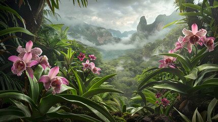 Orchids bloom amidst tropical foliage, misty mountains.
