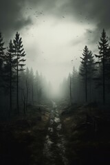 b'Gloomy foggy forest path with dead trees'