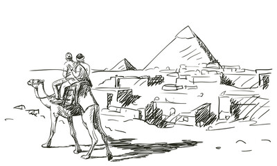 Sightseeing at Giza pyramid complex in Egypt, Hand drawn illustration, Two men tourists on camel exploring the great pyramids of Giza, Vector sketch
