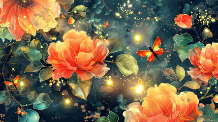 Modern floral wallpaper with enchanting fireflies. Watercolor 3D illustration, texture.
