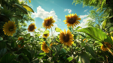 Sunflowers sway under azure skies amidst lush greenery.