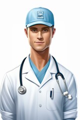 b'Portrait of a young male doctor wearing a blue cap'