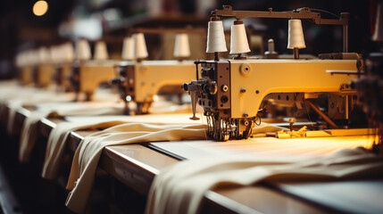 Selected focus. Interior of garment factory shop. Tailoring industry.