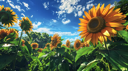Sunflowers sway under azure skies amidst lush greenery. - obrazy, fototapety, plakaty