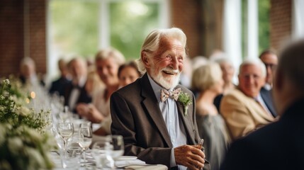 b'An elderly man with a long white beard is sitting at a table and smiling.'