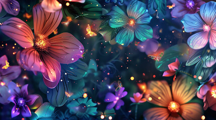 Whimsical abstract florals with vibrant colors and glowing fireflies. Watercolor 3D illustration,...
