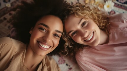 b'Two young multiracial women smiling at the camera'