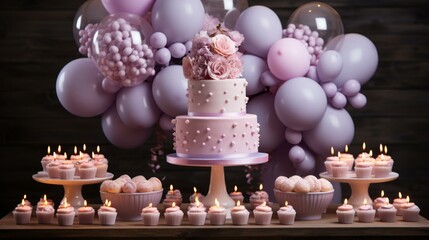 b'A beautiful birthday party with a pink and purple theme.'