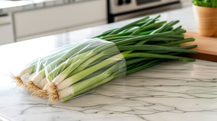 Leek in transparant package, kitchen background setting