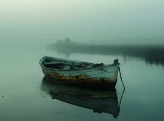 Poster b'boat sits calmly in still water on a foggy day' © Molostock