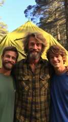 b'Three men standing in front of a tent smiling'