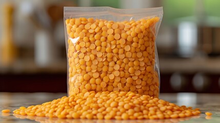 Lentils in transparant package, kitchen background setting