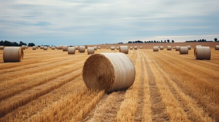 b'Field of hay bales under cloudy sky'