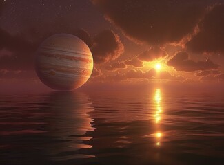 b'Artistic rendering of a sunset over an ocean on a distant planet'