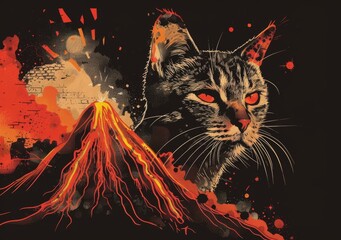 b'Artistic illustration of a cat looking at a volcanic eruption'