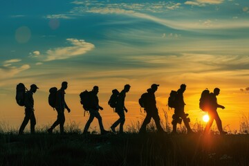 A group of people walking across a field at sunset. Ideal for lifestyle and outdoor activities concepts