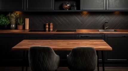 b'Dark and moody kitchen with wood table and chairs'