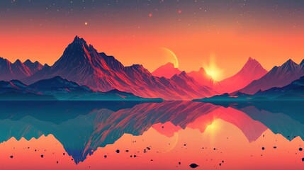 An awe-inspiring graphic depiction of a mountain range at sunset, with the sky ablaze in hues of orange and pink, casting a serene reflection on a tranquil lake below - obrazy, fototapety, plakaty