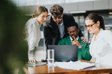 Diverse group of business professionals engaged in a meeting at a cafe, discussing strategies for market expansion and profit growth.