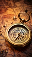 Fototapeta na wymiar b'An Antique Brass Compass Sits on a Detailed World Map'