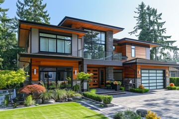 Modern house exterior with wood and glass