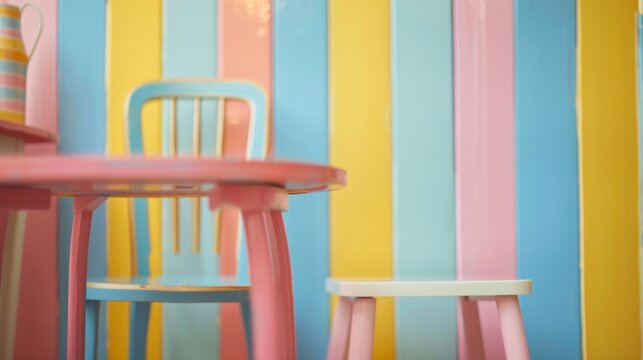 The vibrant and playful stripes of the candy striped wallpaper blend together in a soft dreamy haze adding a whimsical touch to the room. .