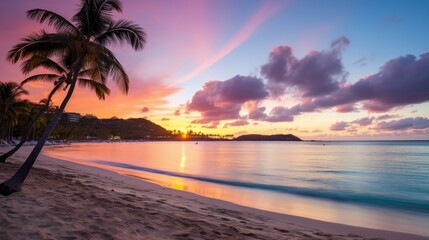 b'Beach at sunset with palm trees and pink clouds'