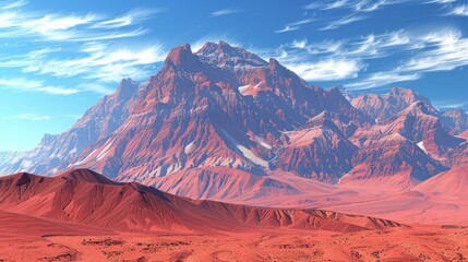 b'A towering mountain peak in the desert with a blue sky and wispy clouds'
